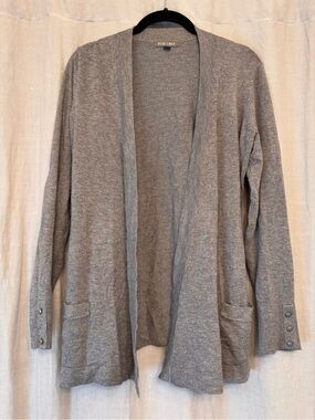 ROZ & ALI Grey Open Front Cardigan Petite M Pockets Sleeve Button Detail